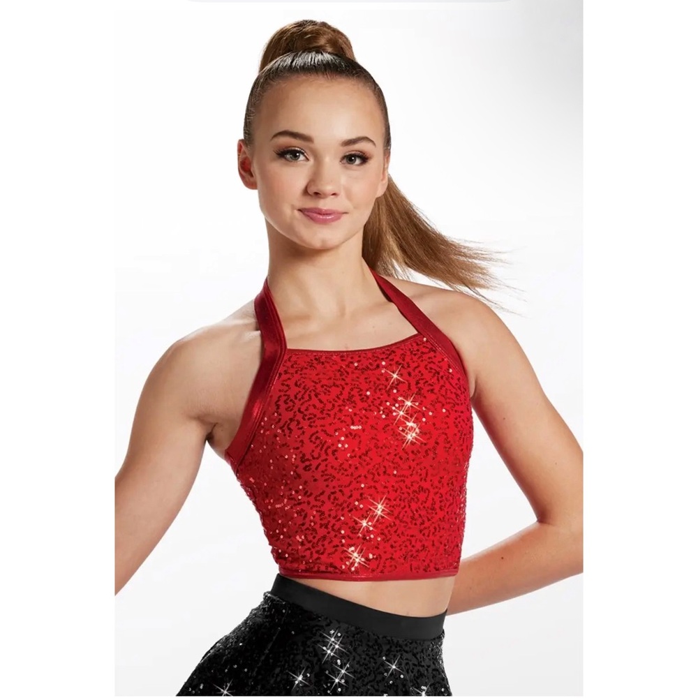 Balera | Cropped Sequin Halter Top Dance Costume Red, Size LC